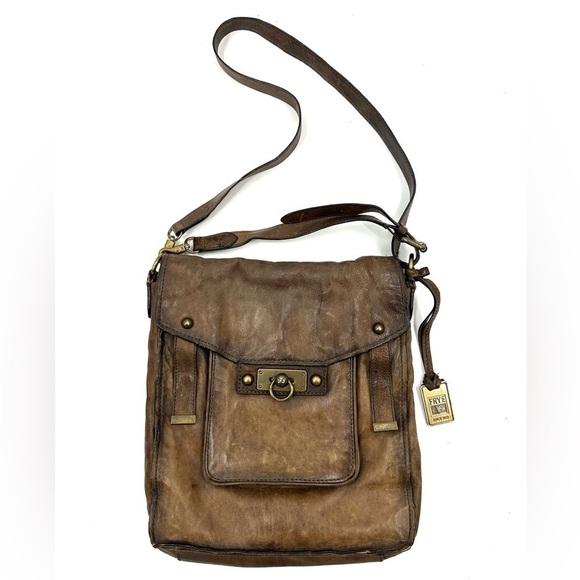 Frye Cameron Magazine Crossbody Bag Brown Leather Purse Distressed Satchel DB875 - Picture 1 of 16